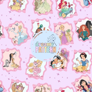 Pode incluir: Um padrão repetido com ilustrações de desenhos animados de princesas da Disney em molduras rosa com laços e estrelas. As princesas incluem Cinderela, Ariel, Branca de Neve e outras. O texto "dreamy PATTERN store" está no centro.