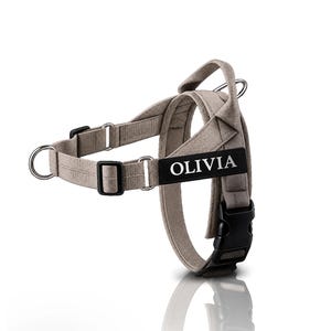 May include: A beige dog harness featuring the name "OLIVIA" in white lettering on a black label. The harness includes black plastic buckles and metal D-rings. Designed to fit around a dog's chest and back.