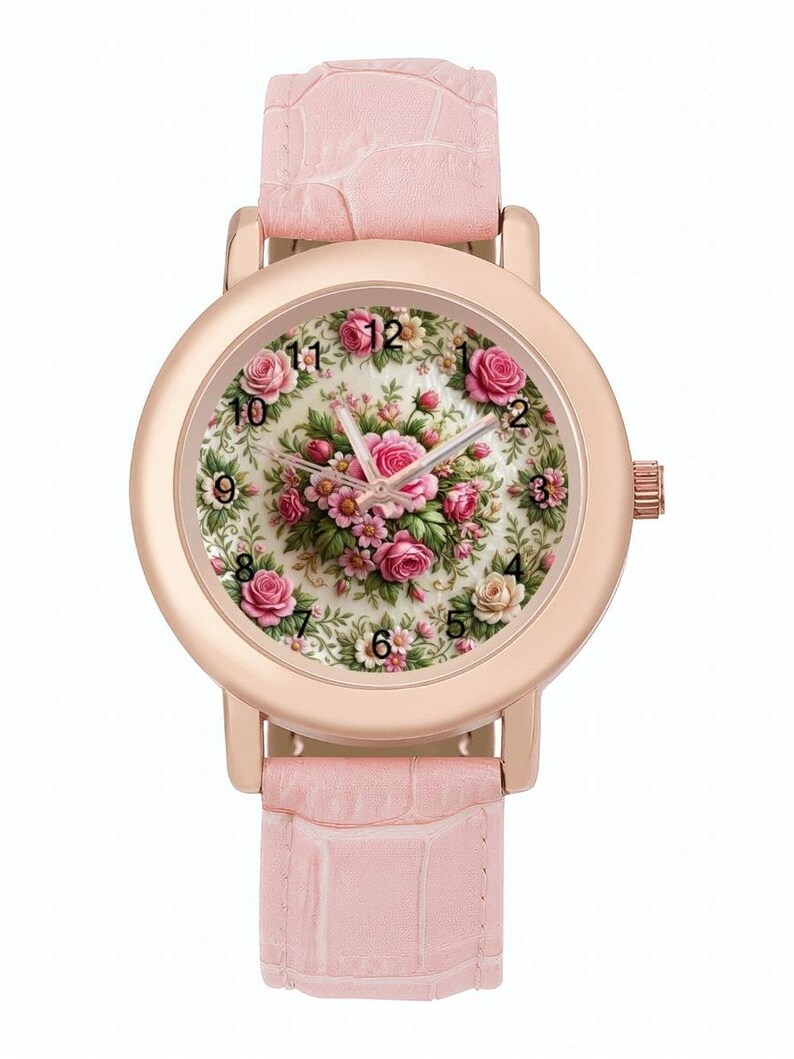 May include: A rose gold wristwatch with a light pink leather band. The watch face features a floral design with pink roses and green leaves. The watch has a classic round shape and a light pink band.