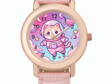 Kawaii Space Cat Watch, Pink Leather Band, Y2K Cat Lover Wristwatch