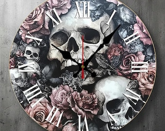 May include: Circular wall clock with a skull and rose design in pink, grey, and black. It has Roman numeral hour markers and black hands. The number "05" is in the bottom right corner of the clock face.