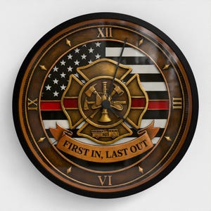 Puede incluir: Reloj de pared redondo con marco negro y esfera color bronce. El reloj presenta un emblema de la cruz de Malta de bombero, un diseño de bandera estadounidense y el texto "FIRST IN, LAST OUT". Las manecillas del reloj son negras.