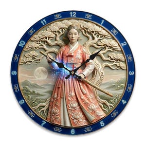 May include: A round wall clock featuring a woman in traditional Korean attire holding a sword. The clock face has a blue border with white numerals and decorative accents. The woman is in a peach-colored dress with white accents, set against a backdrop of a tree and a full moon.