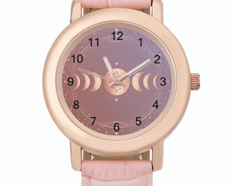 Celestial Moon Phase Pink Watch, Mystic Gold Stars Galaxy Design