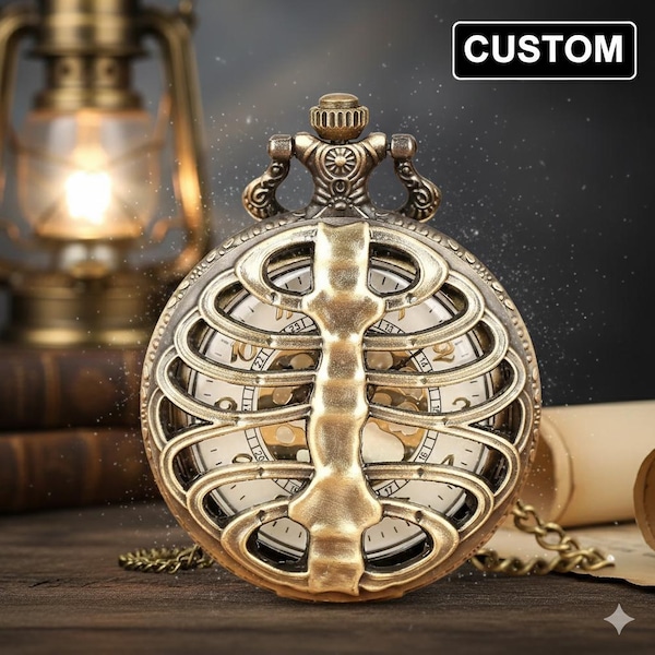 Fishbone Pocket Watch | Personalized Engraved Skeleton Necklace | Gothic Gift for Him