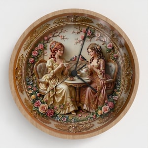 May include: Round wall clock with a light wood frame. The clock face features a detailed relief scene of two women in period dresses at a tea party, surrounded by roses and floral accents. The clock hands are black.