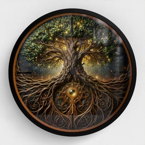 May include: Round wall clock featuring a detailed illustration of a tree with extensive roots and a full canopy. The artwork has a golden, brown, and green color palette, with a black frame. The clock face has a celestial background.