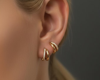 CZパヴェダブルフープハギーピアス • 925スターリングシルバー