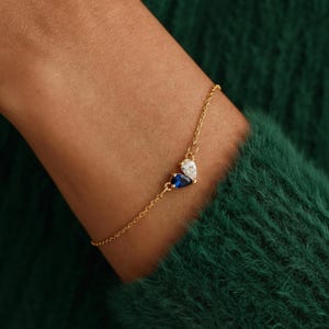 Aangepaste hartgeboortesteenarmband • 2 geboortestenen armband • Moeder- en dochterarmband • Hartvorm dubbele maansteen • Jubileumcadeau