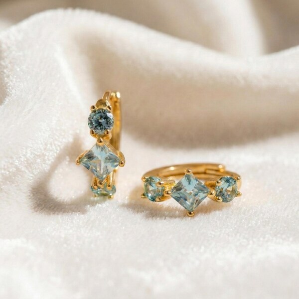 Aquamarine Huggie Hoop Earrings • 925 Sterling Silver, Gold Finish