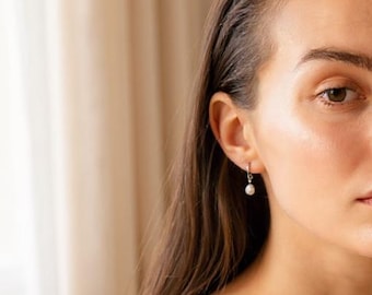 Freshwater Pearl Drop Hoop Earrings • 18K Gold, Sterling Silver