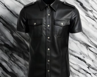 Handmade Leather Military Shirt: Short Sleeve Snap-Button Genuine Leather