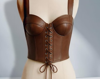 Women’s Brown Leather Corset Tank – Festival, Cosplay, Gothic & Steampunk Outfit