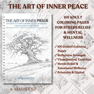 以下が含まれることがあります： 「The Art of Inner Peace」というタイトルのスパイラル綴じの塗り絵。野原に立つ大きな木の白黒イラストが描かれています。表紙には、101のガイド付き塗り絵体験、振り返りのヒント、ストレス解消に関するテキストが記載されています。