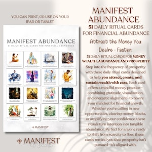 Puede incluir: Una baraja de cartas blanca titulada "Manifest Abundance" con 51 cartas de rituales diarios para la abundancia financiera. La baraja presenta ilustraciones de acuarela y texto, con las palabras "Atrae el dinero que deseas - Más rápido." impresas.