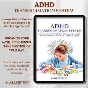 May include: A digital tablet shows the words "ADHD Transformation System." The image shows a woman putting together a jigsaw puzzle. Text on the left side reads: "Struggling to Focus, Stay Consistent & Get Things Done?" and "Organise Your Mind. Build Focus. Take Control of Your Day."