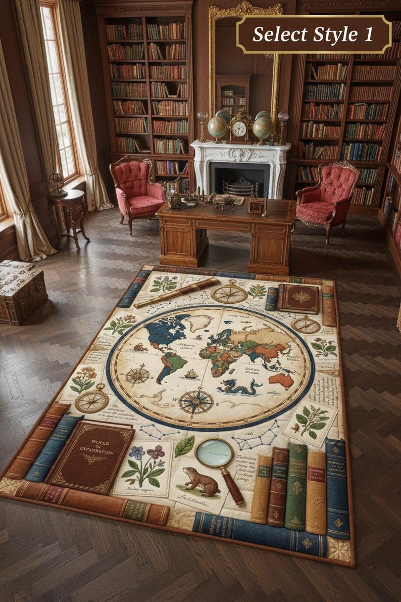 Science Print Rugs Vintage World Map Rug, Bookish Science Print, Mythology Decor, Library ...