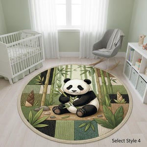 May include: A round rug featuring a panda bear sitting in a bamboo forest. The rug has a beige border and a patchwork design in shades of green, black, and beige. The panda is black and white, holding bamboo. The text "Select Style 4" is in the bottom right corner.