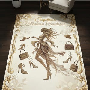 May include: A beige rug with a gold border, featuring a woman surrounded by fashion items. The rug has the text "Sophia's Fashion Boutique". Accessories include handbags, heels, and a hat. The design is in a stylized illustration.