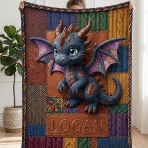 Personalized Dragon Blanket, Faux Knit Quilt, Fantasy Nursery Decor, Custom Toddler Throw