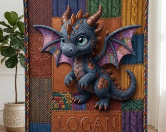 Personalized Dragon Blanket, Faux Knit Quilt, Fantasy Nursery Decor, Custom Toddler Throw