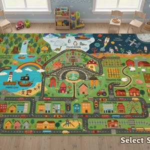 May include: A vibrant play mat with a road map design, featuring themed areas such as a pirate cove, farm, and space. The mat includes illustrations of buildings, vehicles, and landmarks, with the text "Select Style 7".