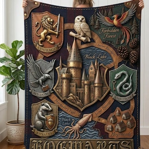 May include: A decorative blanket featuring a detailed illustration of Hogwarts. The design includes crests with a lion, eagle, owl, badger, and snake, along with text such as "Courage" and "Hogwarts". The blanket is primarily navy blue, brown, and gold.