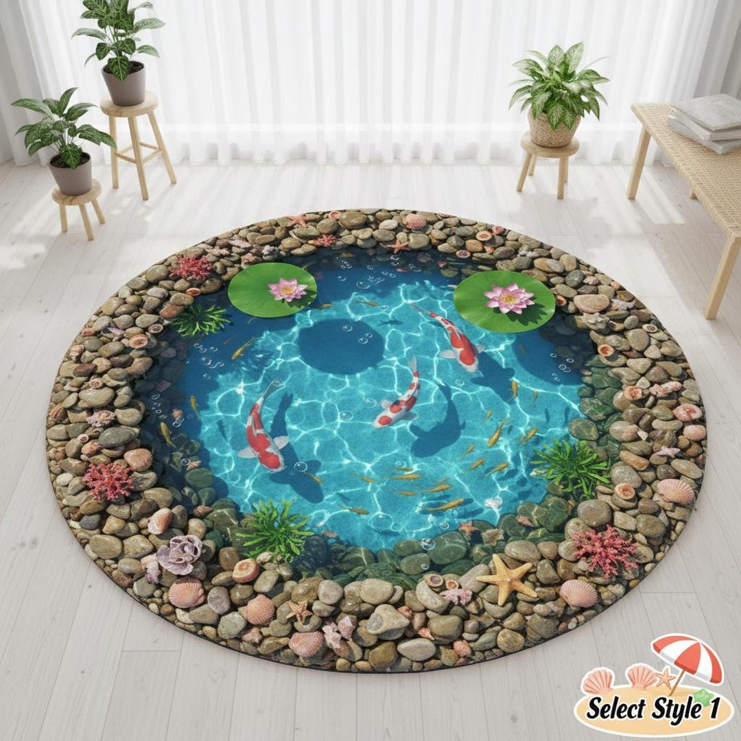 Aquatic Rug Koi Pond & Pisces Zodiac Rug, 3D Effect Aquarium Mat, Non Slip Round ...