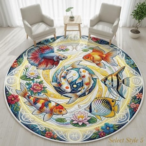 May include: Round area rug featuring colorful fish illustrations, including a betta, goldfish, and koi. The design incorporates lotus flowers, zodiac symbols, and a yin-yang symbol. The rug has a white border and the text "Select Style 5".