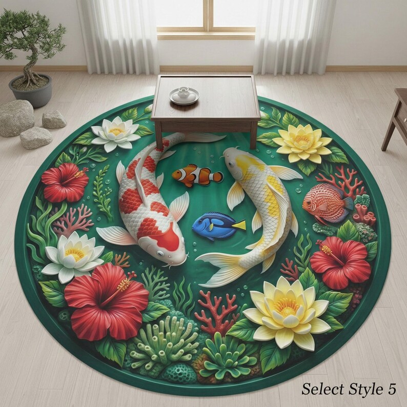 Pond Rug Abstract Koi Pond & Pisces Zodiac Rug, 3D Effect Aquarium Mat, Non Slip Round ...
