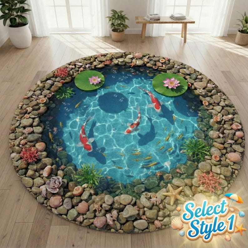 Pond/water Rug Koi Pond & Pisces Zodiac Rug, 3D Effect Aquarium Mat, Non Slip Round ...