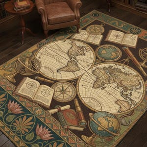 Puede incluir: Una alfombra detallada con un diseño de mapa vintage, globos terráqueos, brújulas y libros abiertos. La alfombra tiene un fondo marrón oscuro con un borde decorativo en tonos verdes, dorados y rosas. La alfombra está en una habitación con un sillón de cuero y estanterías.