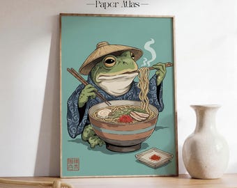 Printable Kawaii Frog and Ramen Art - Cute Japanese Kitchen Decor, Cozy Fall Wall Art, Charming Anthro Creature, Digital Download