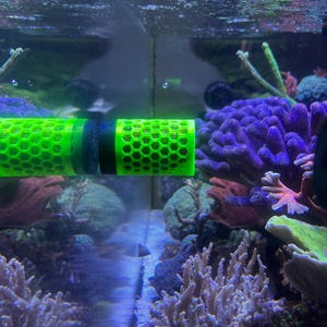Könnte beinhalten: Ein neongrünes Aquarienzubehör mit Wabenmuster ist teilweise in Wasser getaucht. Das Zubehör ist zylindrisch mit schwarzen Bändern. Der Hintergrund zeigt farbenfrohe Korallen und Wasserpflanzen, wodurch eine Unterwasserszene entsteht.
