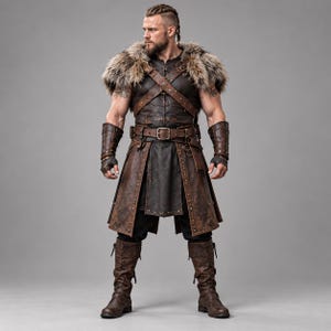 May include: A dark brown leather tunic with a fur shoulder mantle, featuring crisscross chest straps, a wide waist belt with a metal buckle, matching embossed leather bracers, and tall brown leather boots. The outfit includes metal studs.