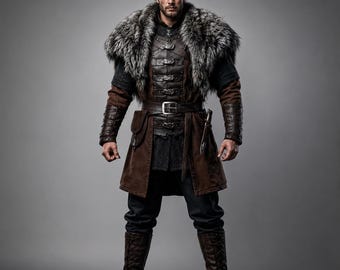 Men's Viking Warrior Leather Armor Costume Nordic Norse Barbarian Fur Cloak Medieval Cosplay Outfit