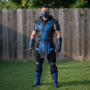 May include: A blue and black costume featuring a hooded vest with a belt, matching arm guards, knee pads, and shin guards. The outfit includes a blue and black face mask covering the nose and mouth, paired with black pants and dark boots.