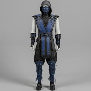 May include: A full-body ninja costume featuring a dark blue and black quilted vest, matching arm guards, and leg armor with intricate embossed details. The outfit includes a hooded cowl and a matching blue face mask covering the nose and mouth.