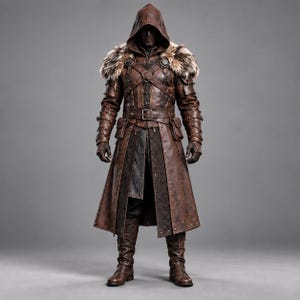 May include: A brown leather hooded coat featuring a fur-trimmed collar, multiple buckled straps across the chest, a waist belt with a metal buckle, and integrated side pouches. The long coat is paired with matching brown leather boots and gloves.