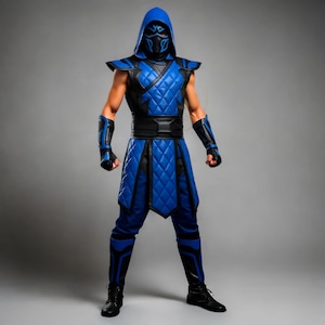 May include: A blue and black ninja-style costume featuring a quilted vest and matching skirt, a hooded mask with blue accents, arm guards, and tall boots. The ensemble includes a wide black belt and solid blue trousers, creating a cohesive look.