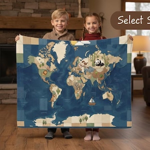 May include: A blue world map blanket with illustrated animals and landmarks. The blanket is held by two children in front of a fireplace. The map features continents, oceans, and a sailboat. The blanket measures approximately 60 inches by 80 inches.