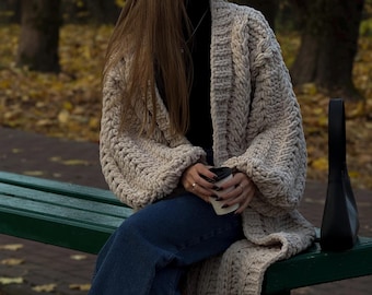 Handmade Long Knit Cardigan – Oversized Women’s Sweater, Chunky Knit Coat, Cozy Winter Fashion