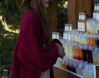 Handmade Red Knit Oversized Cardigan – Women's Chunky Coat