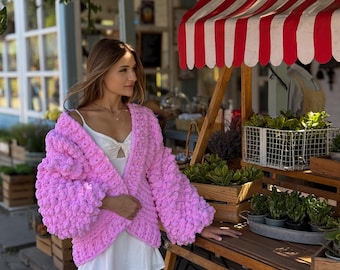 Handmade Soft Pink Chunky Knit Cardigan – Oversized Boho Jacket