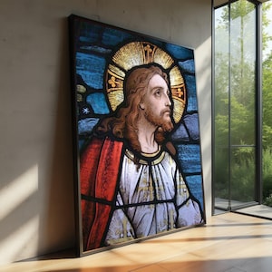 Vitral com Retrato de Jesus em Tela, Arte Religiosa para Parede, Decoração Cristã para Casa, Desenho do Sagrado Coração, Arte Inspiradora e Espiritual em Tela