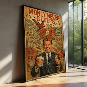 L'argent ne dort jamais, oeuvre d'art murale sur toile, effondrement de la bourse, affiche financière vintage, décoration murale pour les amateurs de finance, motivation
