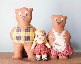 Vintage Plush Goldilocks and 2 Bears Set of Handmade Dolls