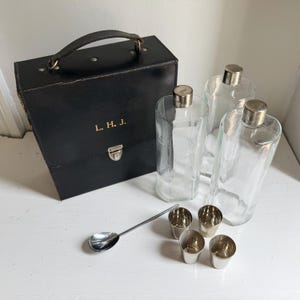 Vintage HERZ England Travel Bar Set | Leather Case, 3 Bottles, Shot Glasses, Spoon with the initials L.H.J.