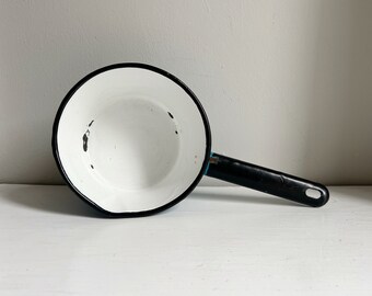 Vintage Enameled Small "Chippy" Blue, Black and White Metal Sauce Pan Made in Poland