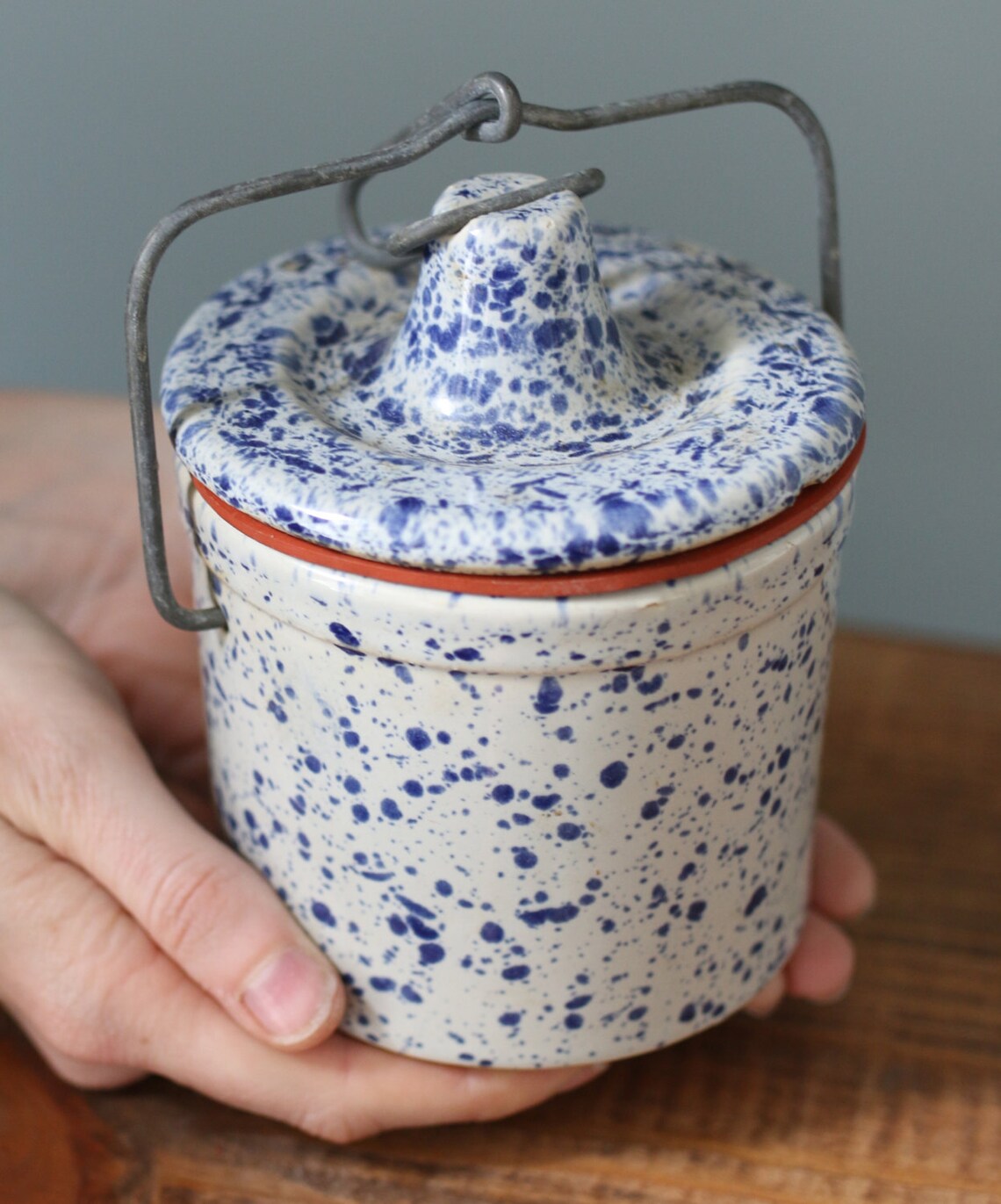 Vintage Blue Speckled Ceramic Stoneware Crock Jar With Wire Etsy